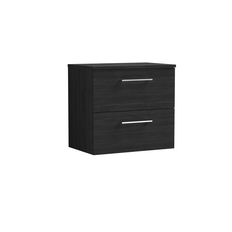 Lana 600mm Wall Hung 2 Drawer Vanity Unit & Worktop - Charcoal Black Woodgrain