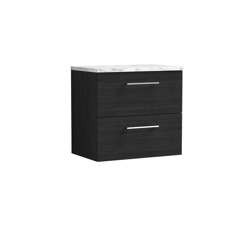 Lana 600mm Wall Hung 2 Drawer Vanity Unit & Carrera Marble Laminate Worktop - Charcoal Black Woodgrain