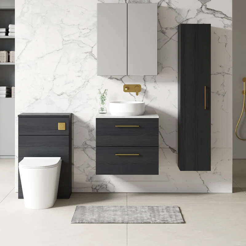 Lana 600mm Wall Hung 2 Drawer Vanity Unit & Bellato Grey Laminate Worktop - Charcoal Black Woodgrain