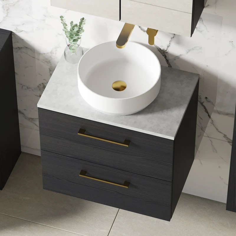 Lana 600mm Wall Hung 2 Drawer Vanity Unit & Bellato Grey Laminate Worktop - Charcoal Black Woodgrain