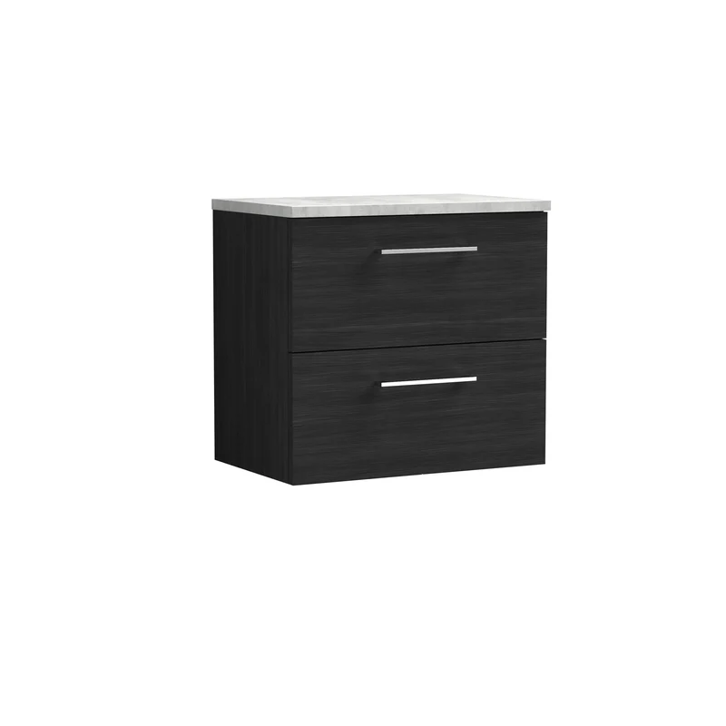 Lana 600mm Wall Hung 2 Drawer Vanity Unit & Bellato Grey Laminate Worktop - Charcoal Black Woodgrain