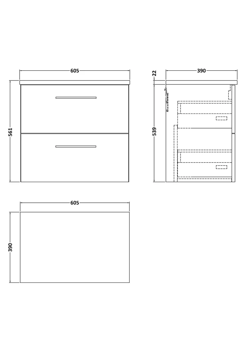Lana 600mm Wall Hung 2 Drawer Vanity Unit & Bellato Grey Laminate Worktop - Charcoal Black Woodgrain