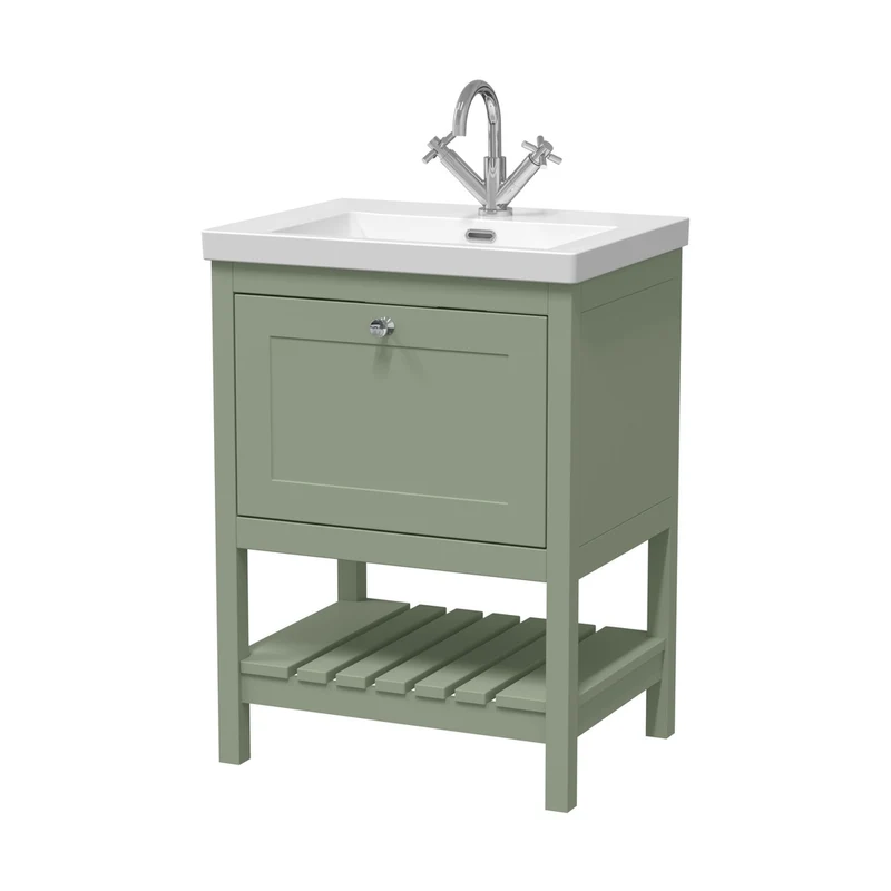 Hudson Reed Bexley 600mm Floor Standing Vanity & Basin 1th Trad Fern Green Fireclay,MDF Vinyl Smooth Matt 845x613x462mm
