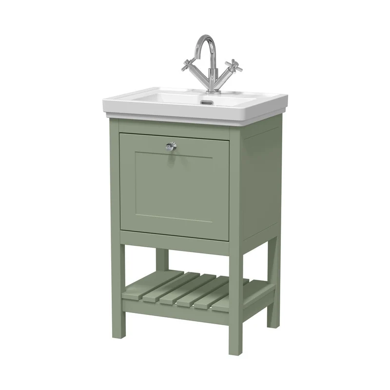 Hudson Reed Bexley 500mm Floor Standing Vanity & Basin 1th Trad Fern Green MDF Vinyl Smooth Matt 865x531x406mm