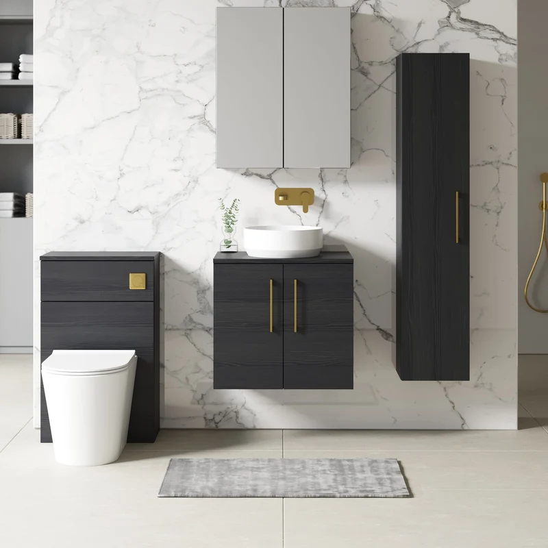 Lana 600mm Wall Hung 2 Door Vanity Unit & Worktop - Charcoal Black Woodgrain