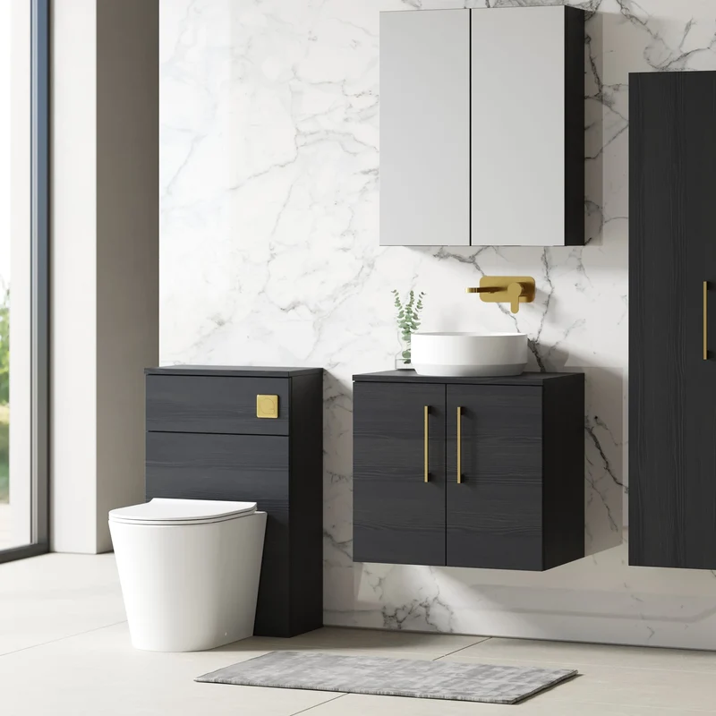 Lana 600mm Wall Hung 2 Door Vanity Unit & Worktop - Charcoal Black Woodgrain