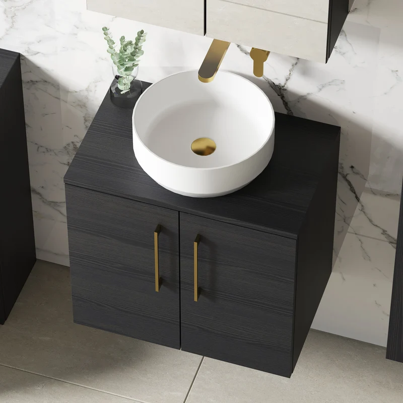 Lana 600mm Wall Hung 2 Door Vanity Unit & Worktop - Charcoal Black Woodgrain
