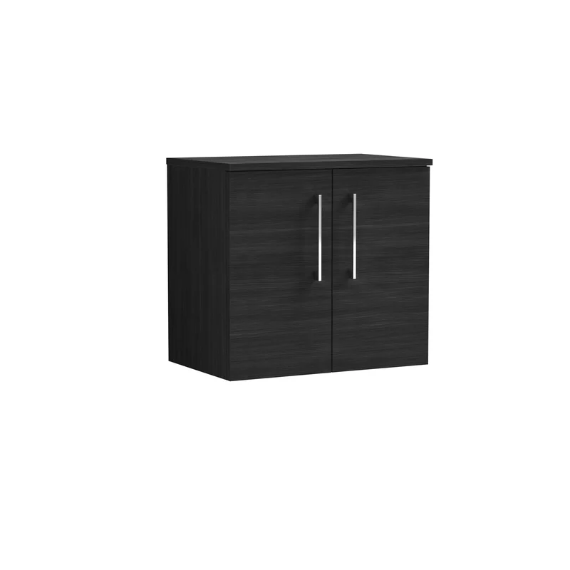 Lana 600mm Wall Hung 2 Door Vanity Unit & Worktop - Charcoal Black Woodgrain
