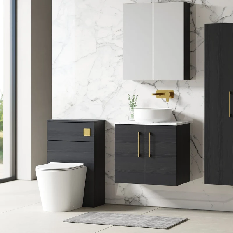 Lana 600mm Wall Hung 2 Door Vanity Unit & Carrera Marble Laminate Worktop - Charcoal Black Woodgrain