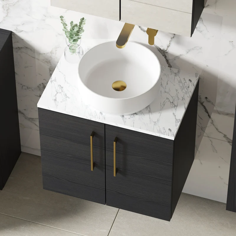 Lana 600mm Wall Hung 2 Door Vanity Unit & Carrera Marble Laminate Worktop - Charcoal Black Woodgrain