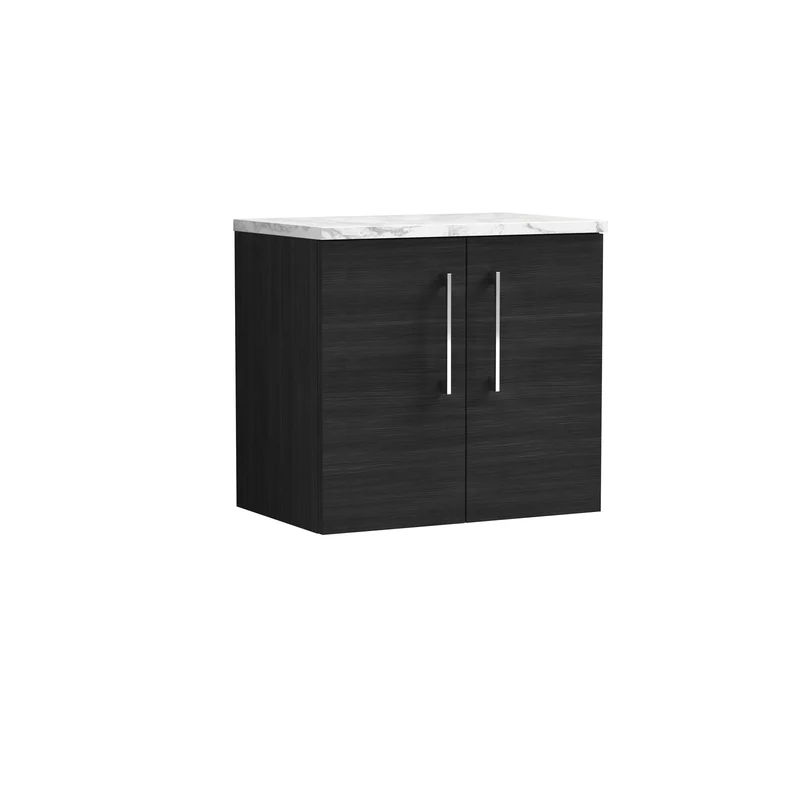 Lana 600mm Wall Hung 2 Door Vanity Unit & Carrera Marble Laminate Worktop - Charcoal Black Woodgrain