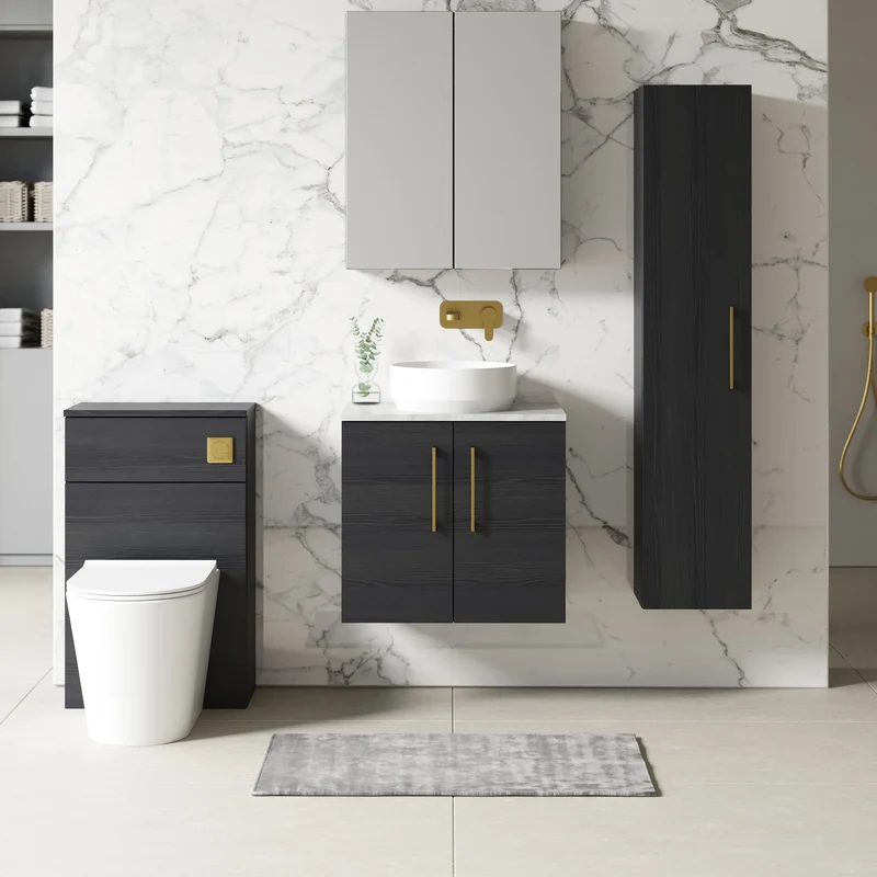 Lana 600mm Wall Hung 2 Door Vanity Unit & Bellato Grey Laminate Worktop - Charcoal Black Woodgrain
