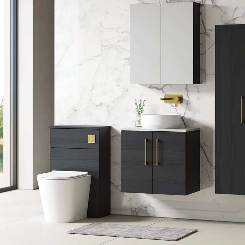 Lana 600mm Wall Hung 2 Door Vanity Unit & Bellato Grey Laminate Worktop - Charcoal Black Woodgrain