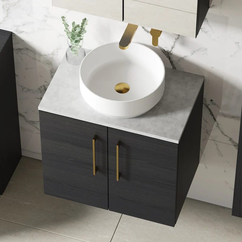 Lana 600mm Wall Hung 2 Door Vanity Unit & Bellato Grey Laminate Worktop - Charcoal Black Woodgrain