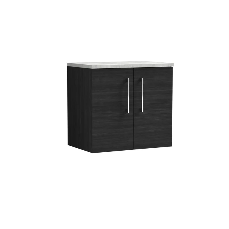 Lana 600mm Wall Hung 2 Door Vanity Unit & Bellato Grey Laminate Worktop - Charcoal Black Woodgrain