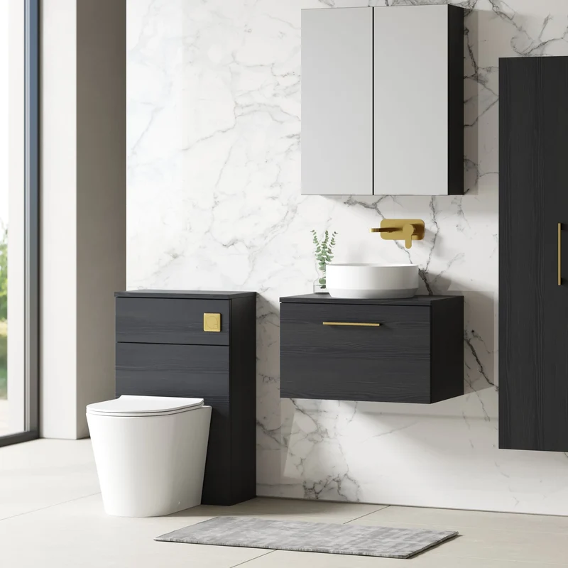 Lana 600mm Wall Hung 1 Drawer Vanity Unit & Worktop - Charcoal Black Woodgrain