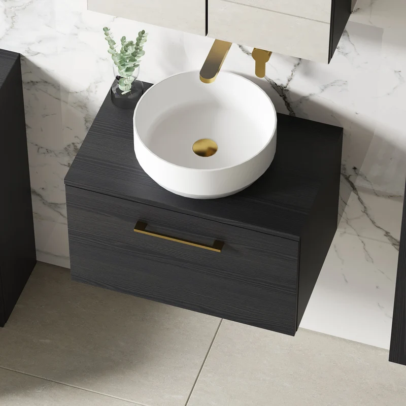 Lana 600mm Wall Hung 1 Drawer Vanity Unit & Worktop - Charcoal Black Woodgrain