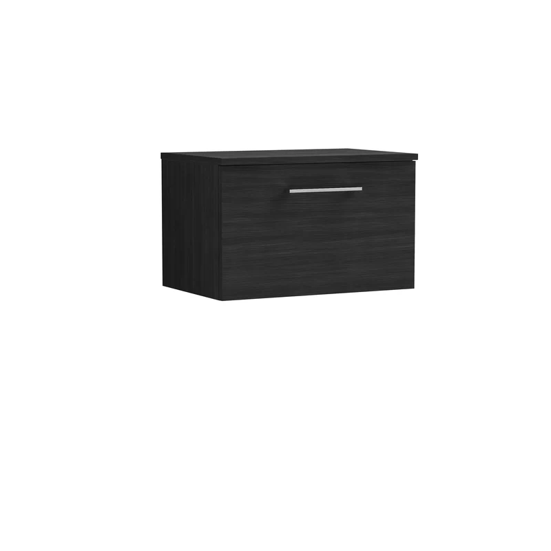 Lana 600mm Wall Hung 1 Drawer Vanity Unit & Worktop - Charcoal Black Woodgrain