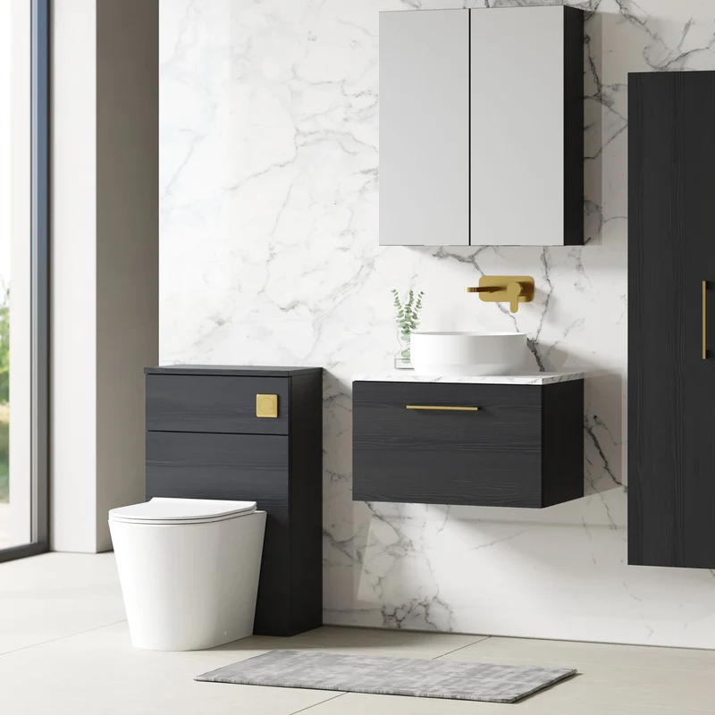 Lana 600mm Wall Hung 1 Drawer Vanity Unit & Carrera Marble Laminate Worktop - Charcoal Black Woodgrain