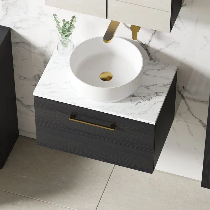 Lana 600mm Wall Hung 1 Drawer Vanity Unit & Carrera Marble Laminate Worktop - Charcoal Black Woodgrain