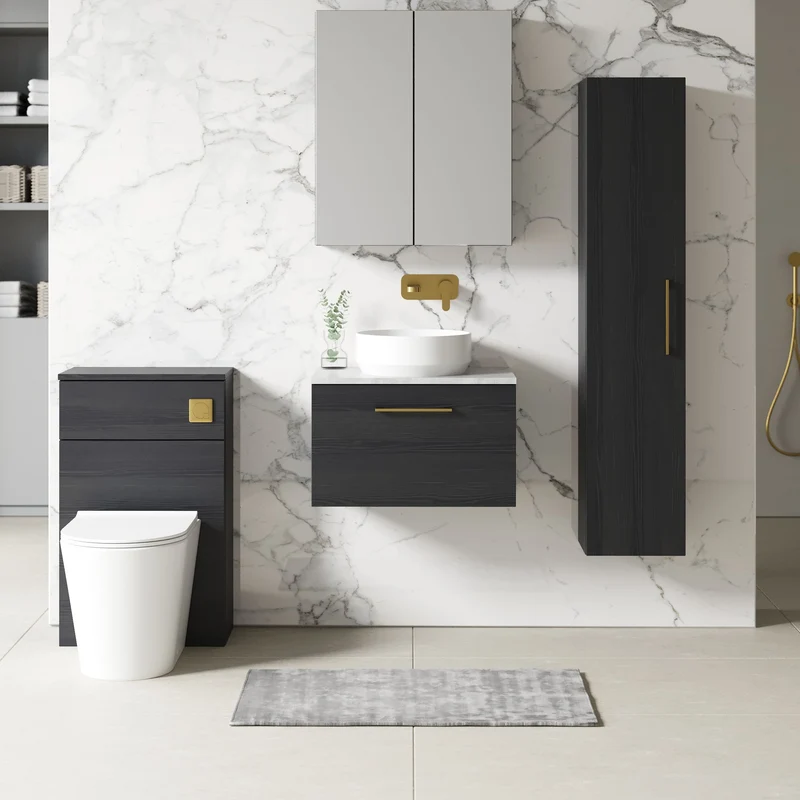 Lana 600mm Wall Hung 1 Drawer Vanity Unit & Bellato Grey Laminate Worktop - Charcoal Black Woodgrain