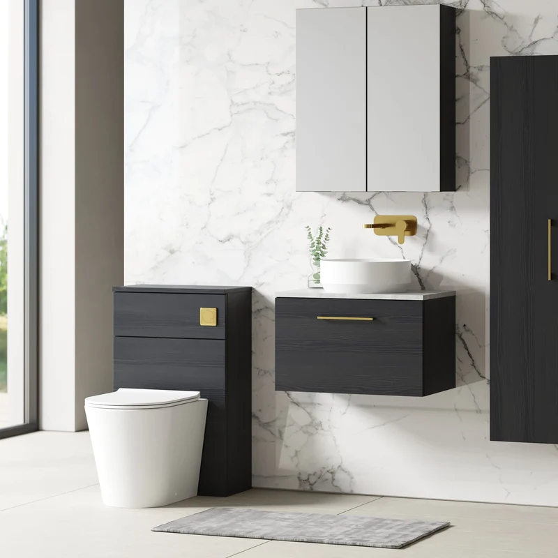 Lana 600mm Wall Hung 1 Drawer Vanity Unit & Bellato Grey Laminate Worktop - Charcoal Black Woodgrain