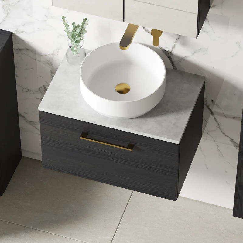 Lana 600mm Wall Hung 1 Drawer Vanity Unit & Bellato Grey Laminate Worktop - Charcoal Black Woodgrain