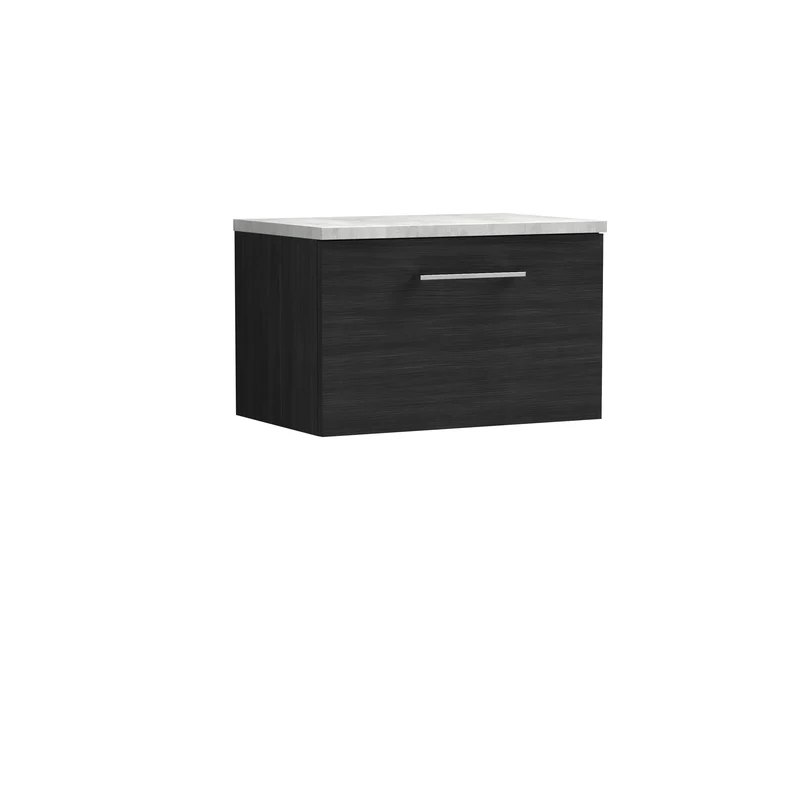Lana 600mm Wall Hung 1 Drawer Vanity Unit & Bellato Grey Laminate Worktop - Charcoal Black Woodgrain