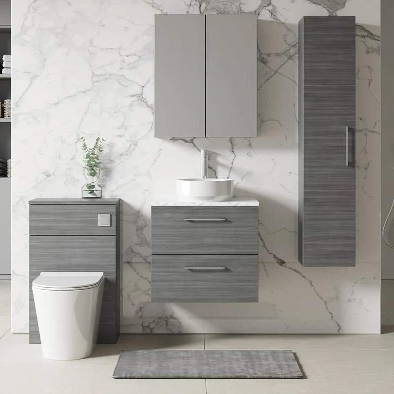 Lana 600mm Wall Hung 2 Drawer Vanity Unit & Carrera Marble Laminate Worktop - Anthracite Woodgrain