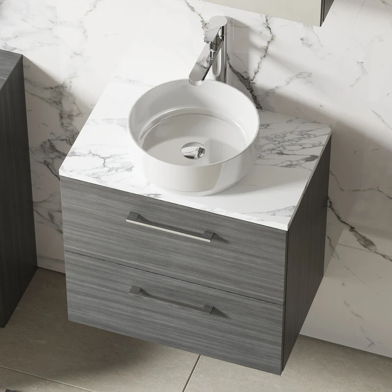Lana 600mm Wall Hung 2 Drawer Vanity Unit & Carrera Marble Laminate Worktop - Anthracite Woodgrain