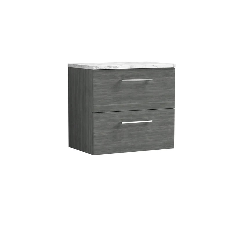 Lana 600mm Wall Hung 2 Drawer Vanity Unit & Carrera Marble Laminate Worktop - Anthracite Woodgrain