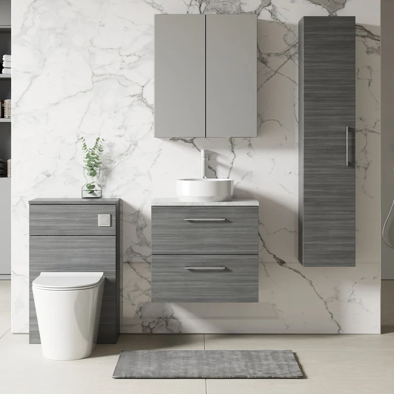 Lana 600mm Wall Hung 2 Drawer Vanity Unit & Bellato Grey Laminate Worktop - Anthracite Woodgrain