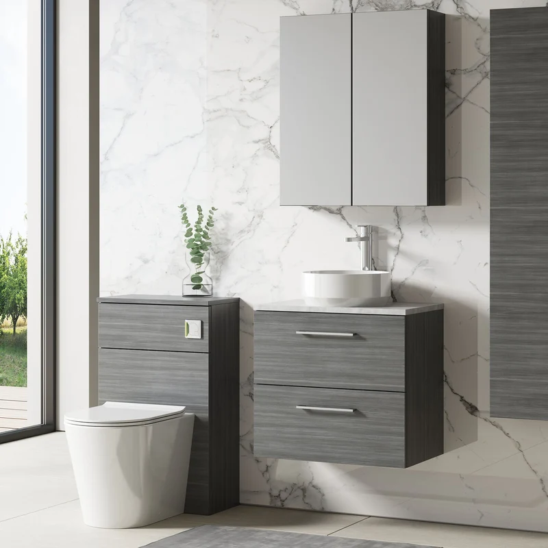 Lana 600mm Wall Hung 2 Drawer Vanity Unit & Bellato Grey Laminate Worktop - Anthracite Woodgrain