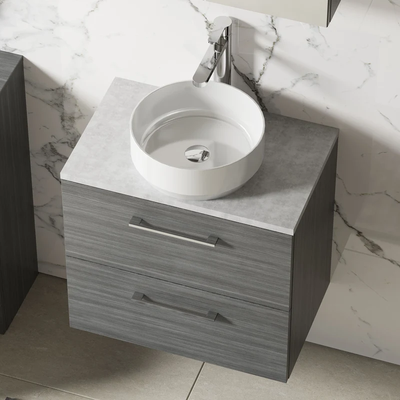 Lana 600mm Wall Hung 2 Drawer Vanity Unit & Bellato Grey Laminate Worktop - Anthracite Woodgrain