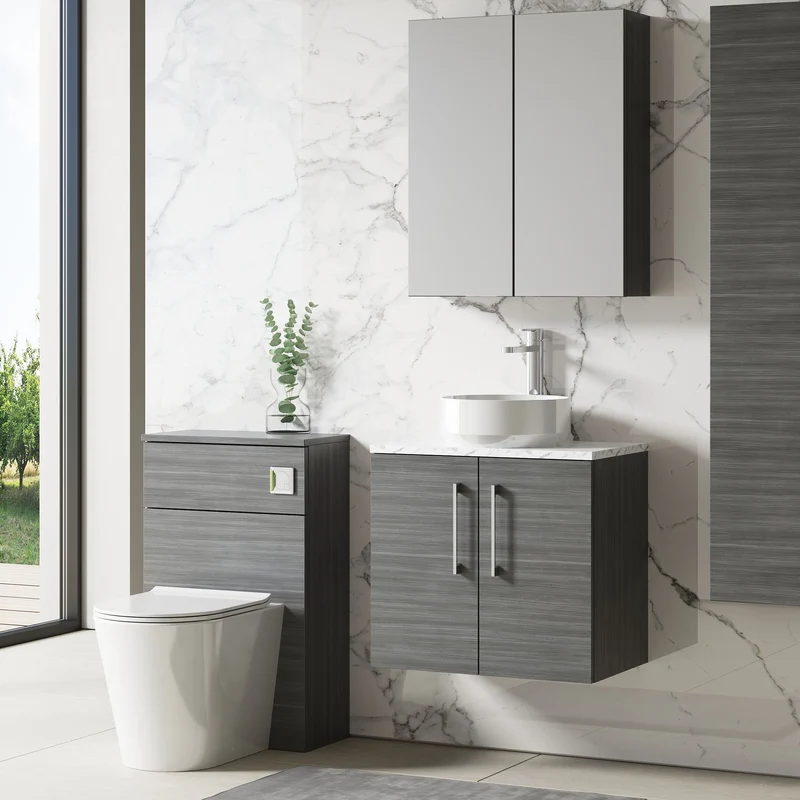 Lana 600mm Wall Hung 2 Door Vanity Unit & Carrera Marble Laminate Worktop - Anthracite Woodgrain