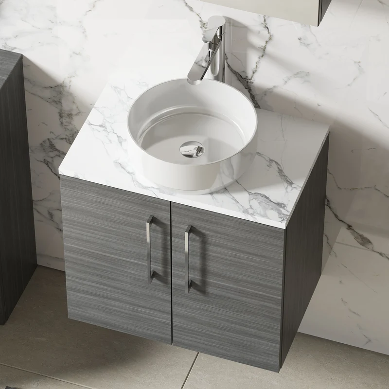 Lana 600mm Wall Hung 2 Door Vanity Unit & Carrera Marble Laminate Worktop - Anthracite Woodgrain