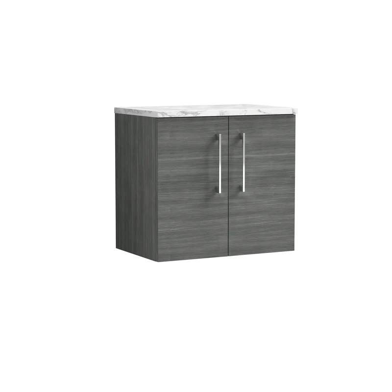 Lana 600mm Wall Hung 2 Door Vanity Unit & Carrera Marble Laminate Worktop - Anthracite Woodgrain