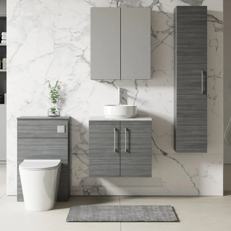 Lana 600mm Wall Hung 2 Door Vanity Unit & Bellato Grey Laminate Worktop - Anthracite Woodgrain
