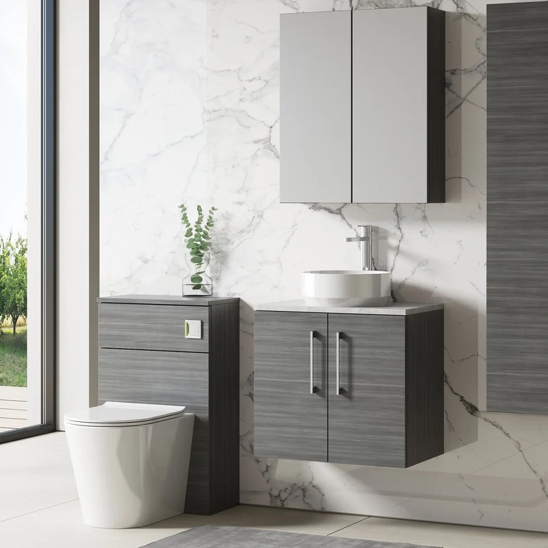 Lana 600mm Wall Hung 2 Door Vanity Unit & Bellato Grey Laminate Worktop - Anthracite Woodgrain