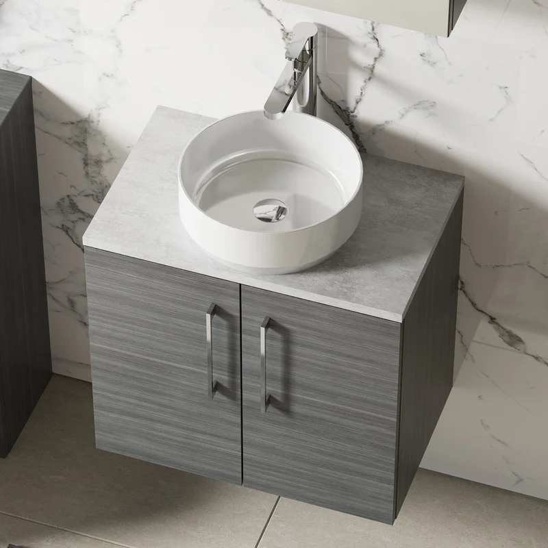 Lana 600mm Wall Hung 2 Door Vanity Unit & Bellato Grey Laminate Worktop - Anthracite Woodgrain