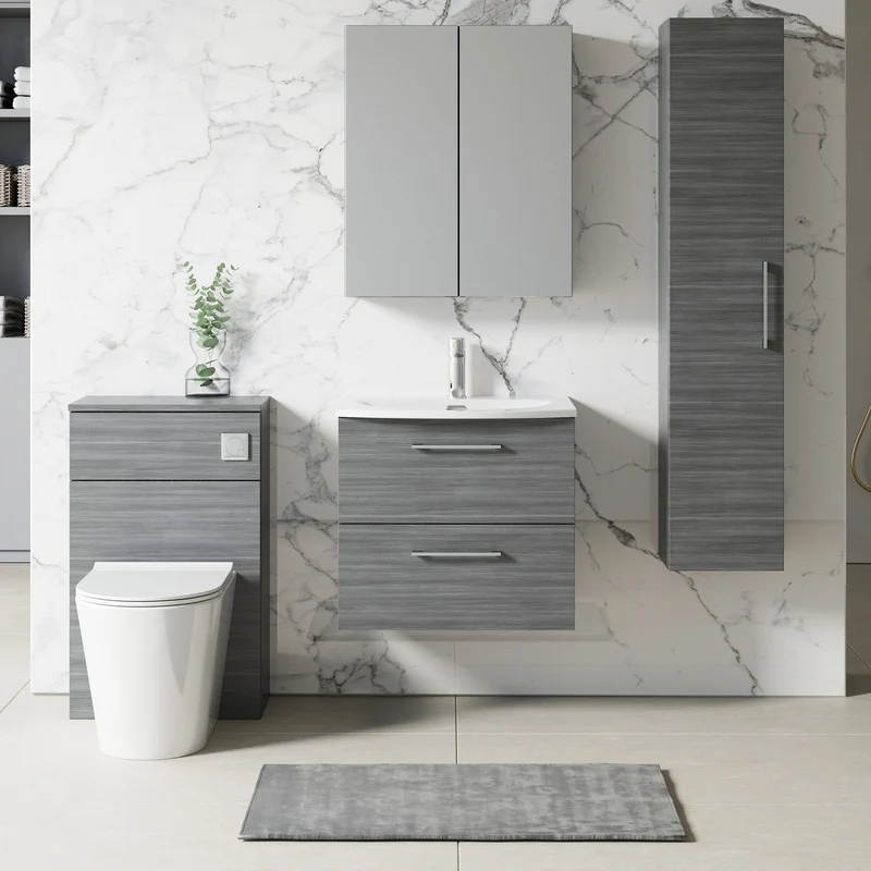 Lana 600mm Wall Hung 1 Drawer Vanity Unit & Carrera Marble Laminate Worktop - Anthracite Woodgrain