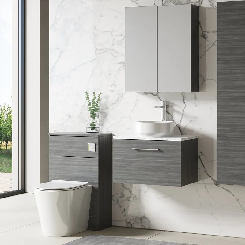 Lana 600mm Wall Hung 1 Drawer Vanity Unit & Carrera Marble Laminate Worktop - Anthracite Woodgrain