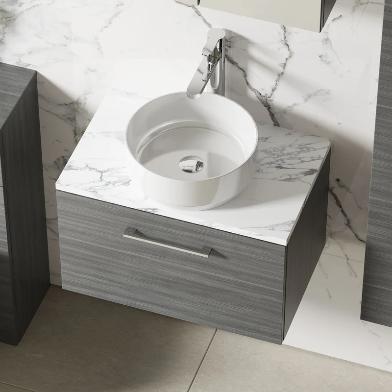 Lana 600mm Wall Hung 1 Drawer Vanity Unit & Carrera Marble Laminate Worktop - Anthracite Woodgrain