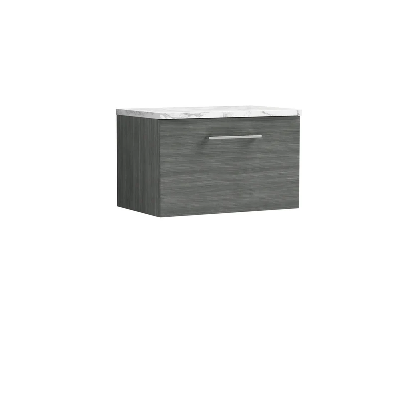 Lana 600mm Wall Hung 1 Drawer Vanity Unit & Carrera Marble Laminate Worktop - Anthracite Woodgrain