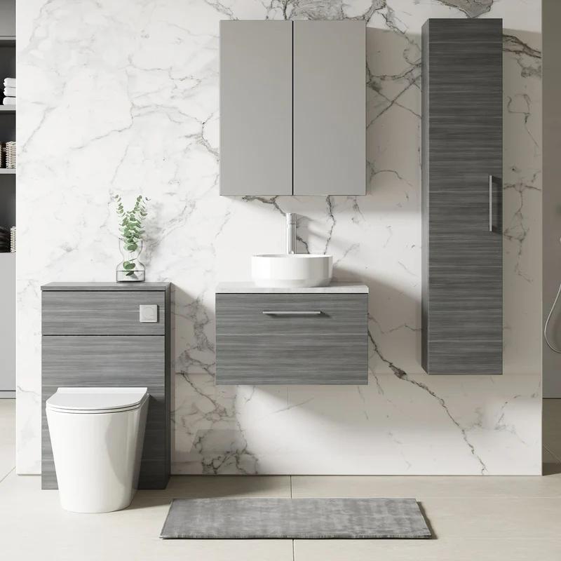 Lana 600mm Wall Hung 1 Drawer Vanity Unit & Bellato Grey Laminate Worktop - Anthracite Woodgrain