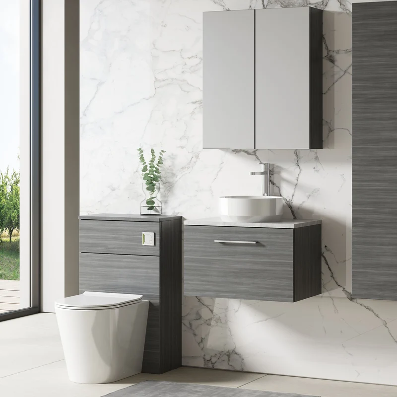 Lana 600mm Wall Hung 1 Drawer Vanity Unit & Bellato Grey Laminate Worktop - Anthracite Woodgrain