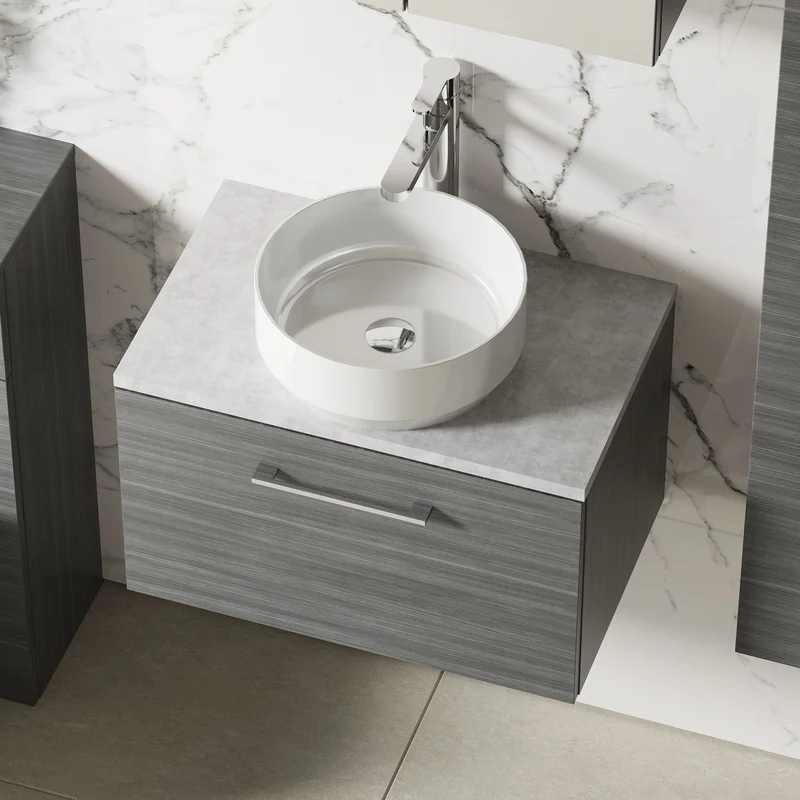 Lana 600mm Wall Hung 1 Drawer Vanity Unit & Bellato Grey Laminate Worktop - Anthracite Woodgrain