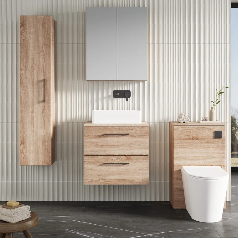 Lana 600mm Wall Hung 2 Drawer Vanity Unit & Worktop - Bleached Oak Woodgrain