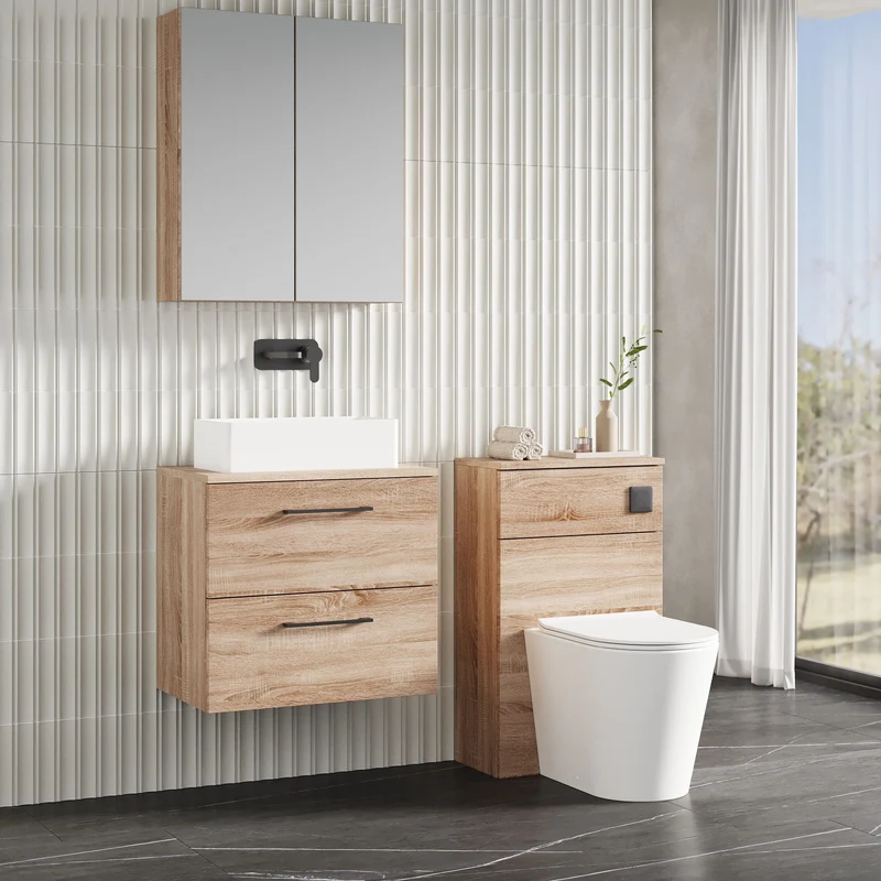 Lana 600mm Wall Hung 2 Drawer Vanity Unit & Worktop - Bleached Oak Woodgrain