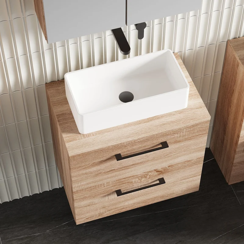 Lana 600mm Wall Hung 2 Drawer Vanity Unit & Worktop - Bleached Oak Woodgrain
